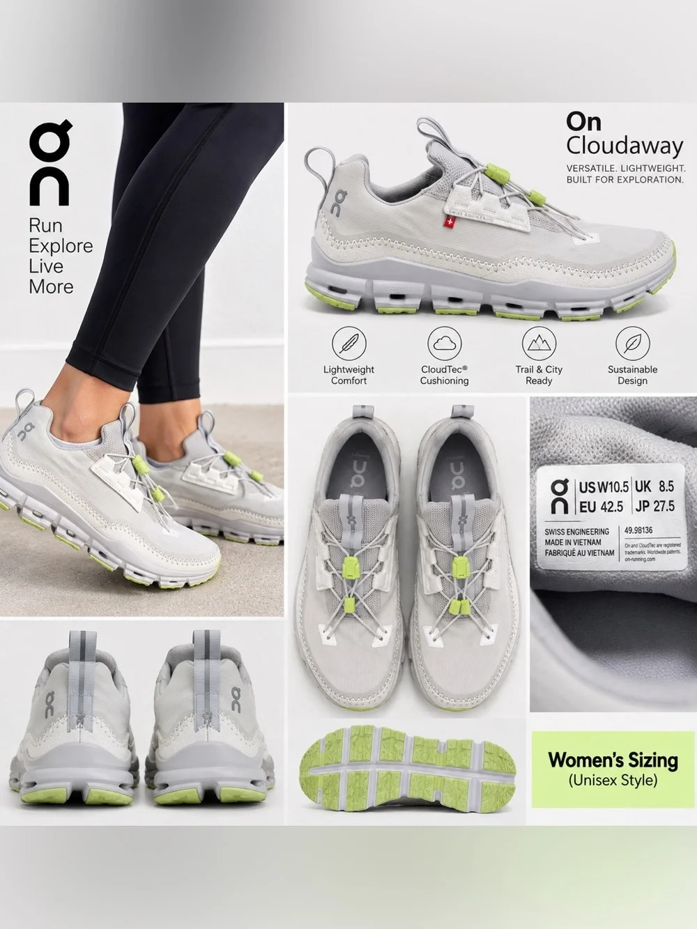 On Running Men's CloudTec Trail Sneaker in Light Grey with Lime Accents